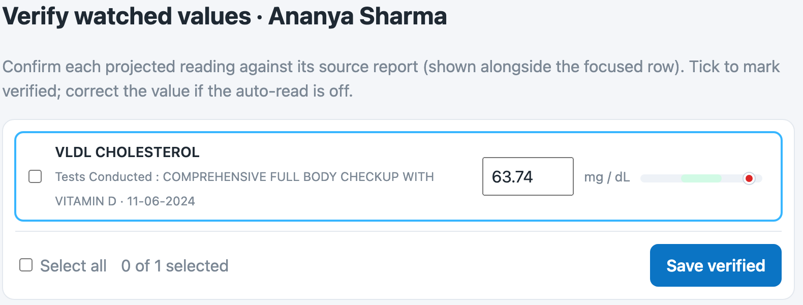 Verify screen — confirm each value against its source report and mark it verified
